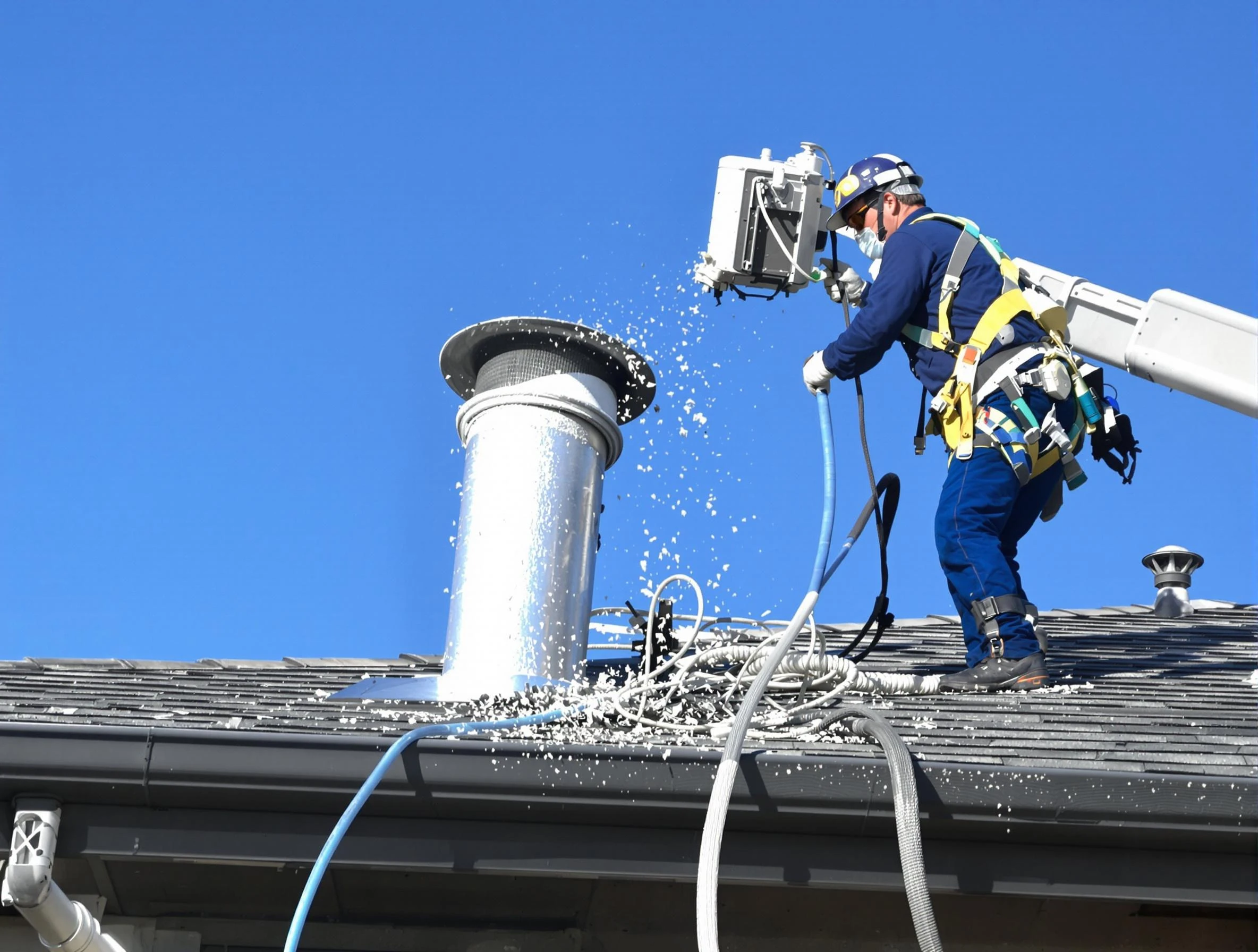 Holladay Dryer Vent Cleaning certified technician safely cleaning a roof-mounted dryer vent in Holladay