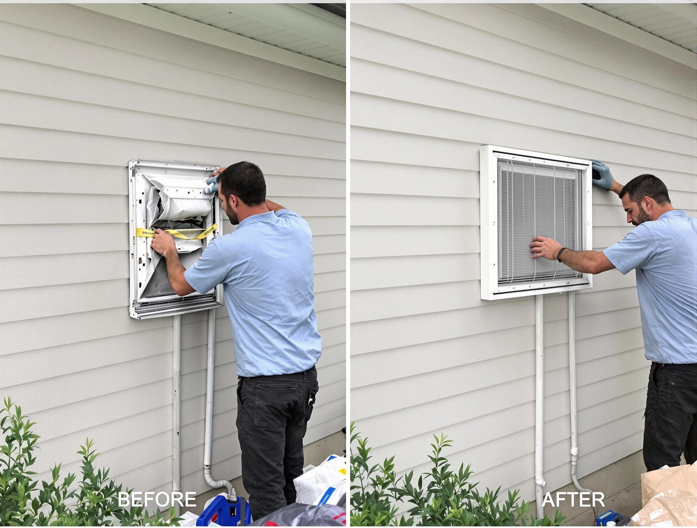 Holladay Dryer Vent Cleaning technician installing high-quality dryer vent cover at a residential property in Holladay